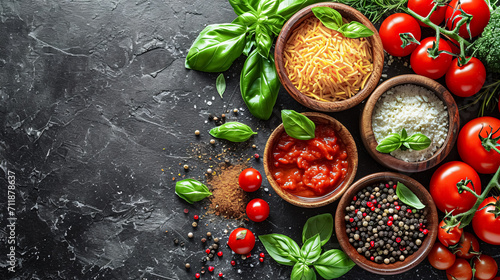 Ingredients for cooking pasta: rice, tomatoes, basil and spices on a black background