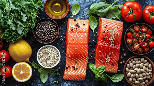 Raw salmon fillet with ingredients for cooking on dark background, top view