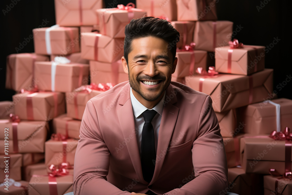 happy handsome asian man holds red and pink gift box, valentine's day on interior background happy handsome asian man holds red and pink gift box, valentine's day on interior background
