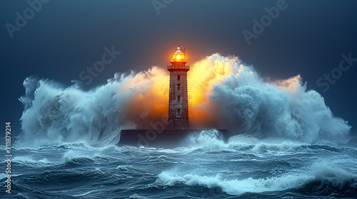 Lighthouse in the middle of a stormy sea at night.. 3d rendering. Computer digital drawing. © korkut82