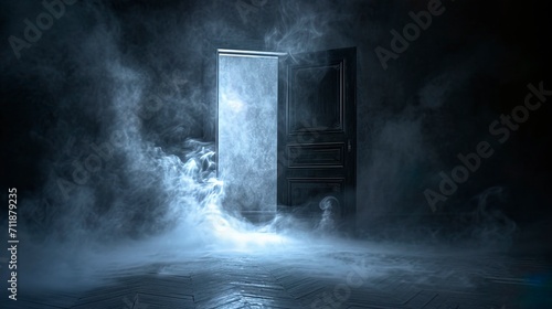 An open magic door in a dark room. Magic particles, smoke, smog