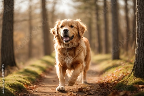 Perro golden retriever caminando en una vereda rodeada de árboles