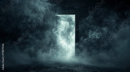 An open magic door in a dark room. Magic particles, smoke, smog
