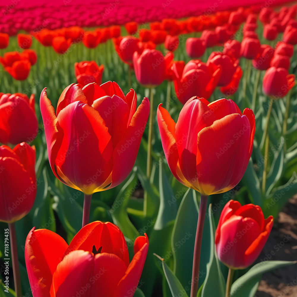 Field with red tulips close-up Field with red tulips close-up