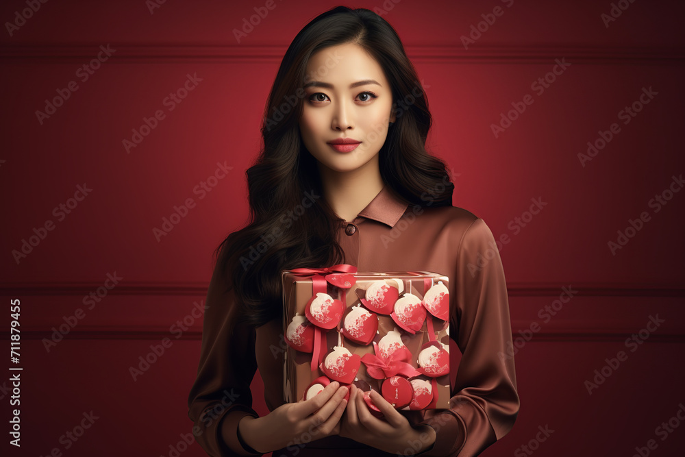 happy handsome asian woman holds red and pink gift box, valentine's day, burgundy background happy handsome asian woman holds red and pink gift box, valentine's day, burgundy background