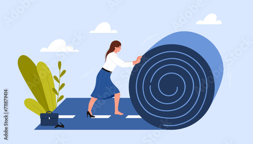 Future career construction and business success. Woman unrolling highway road roll forward to create unique own way, build professional benefits, motivation and opportunity cartoon vector illustration photo