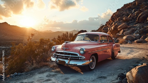 Pink classic American car with Grand canyon background, wallpaper © Gizmo
