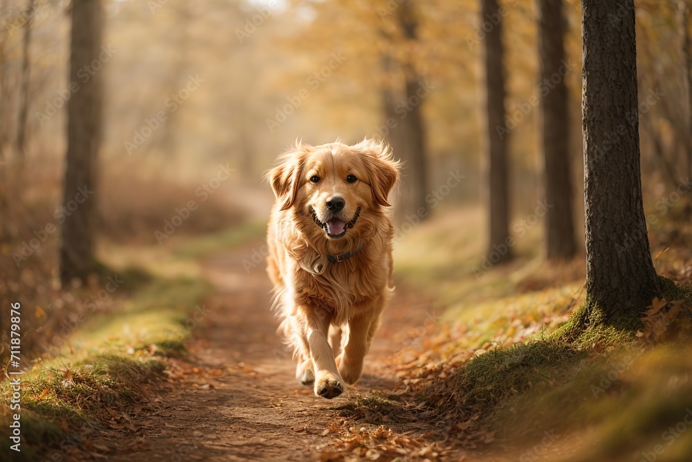 Perro golden retriever caminando en una vereda rodeada de árboles