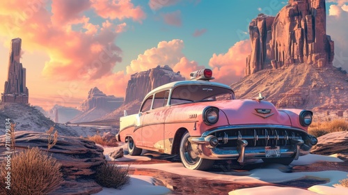 Pink classic American car with Grand canyon background, wallpaper © Gizmo