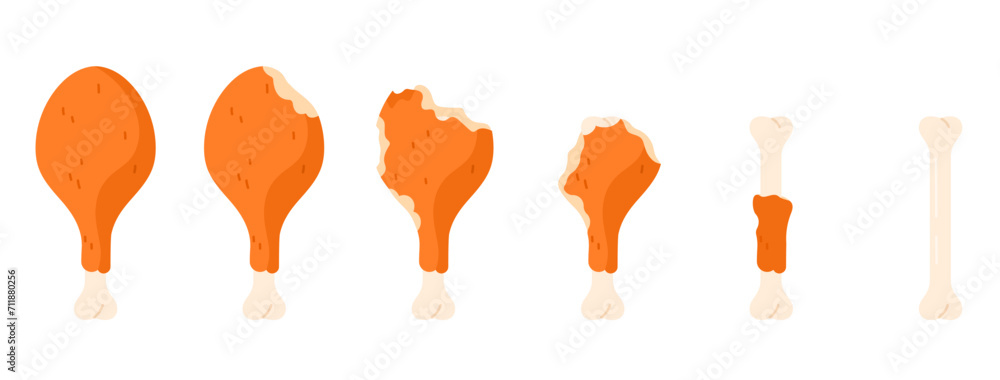 Eaten chicken drumstick set of animation sequence. Eating stages of roasted or fried crispy poultry leg with bites, whole golden crunchy thigh to bitten meat and bone cartoon vector illustration Eaten chicken drumstick set of animation sequence. Eating stages of roasted or fried crispy poultry leg with bites, whole golden crunchy thigh to bitten meat and bone cartoon vector illustration