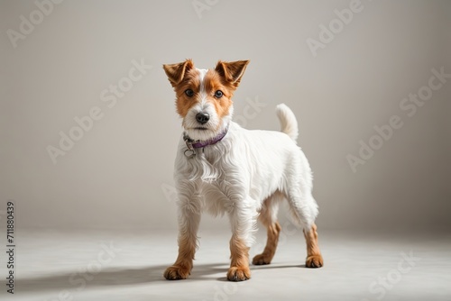 Perro fox terrier de pelo duro, de pie, mirando a cámara, sobre fondo blanco