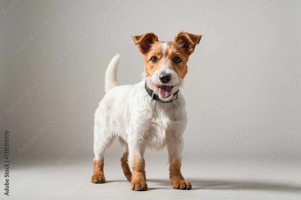 Perro fox terrier de pelo duro, sonriente, mirando a cámara, sobre fondo blanco
