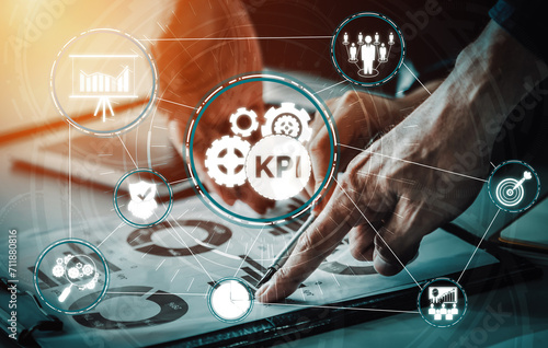 KPI Key Performance Indicator for Business Concept - Modern graphic interface showing symbols of job target evaluation and analytical numbers for marketing KPI management. uds photo