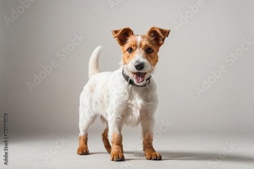 Perro fox terrier de pelo duro, sonriente, mirando a cámara, sobre fondo blanco © Jomizu