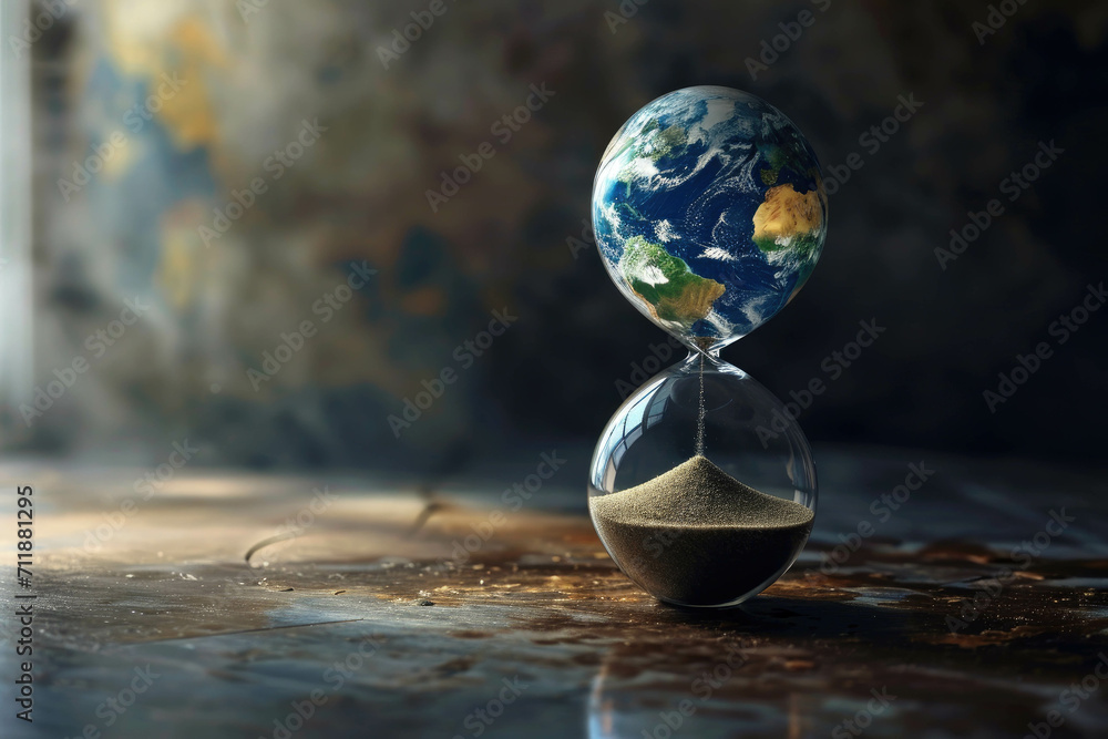 Planet earth in an hourglass - precious time of our planet is running out, crisis Planet earth in an hourglass - precious time of our planet is running out, crisis