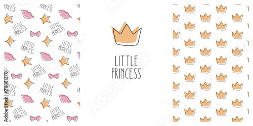 Little princess background set. Cute lettering and seamless pattern set with crown, lips, bow and star. Simple nursery art for baby girl. Vector illustration.