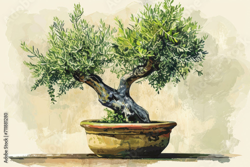 An illustration of a small potted olive tree in front of a beige wall