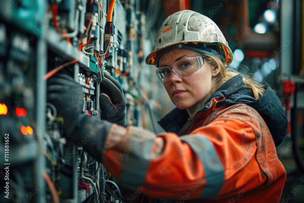 girl electrician portrait repairs electrical network network