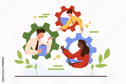 Development and productivity of strong dedicated team. Company cooperation and corporate teamwork structure with effective roles for employees, parts of gear mechanism cartoon vector illustration