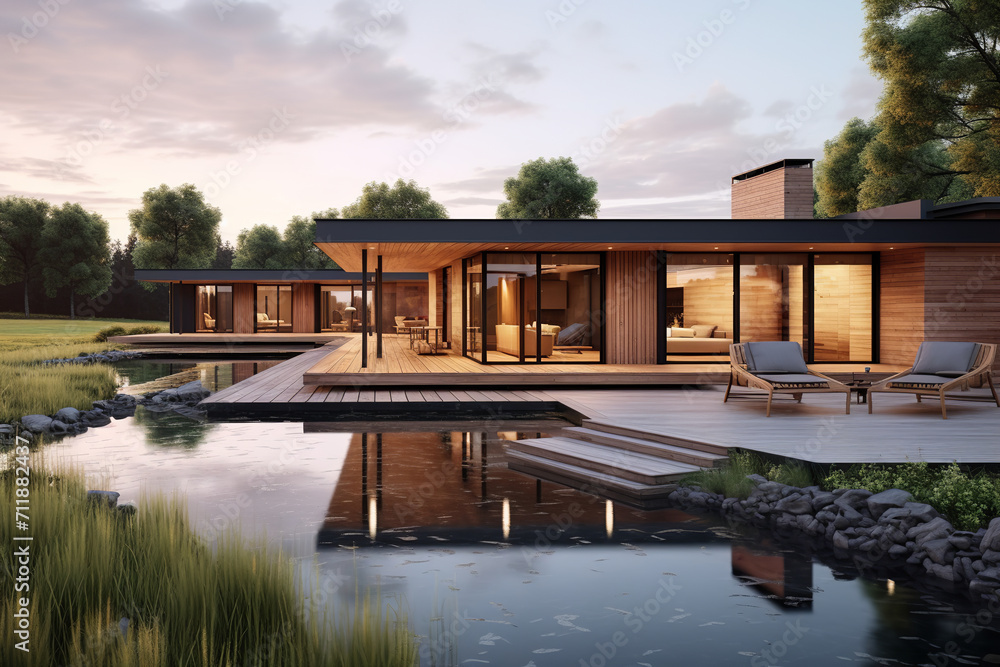 Large modern cottage with large windows, terrace, pond, landscape design, scandinavian style