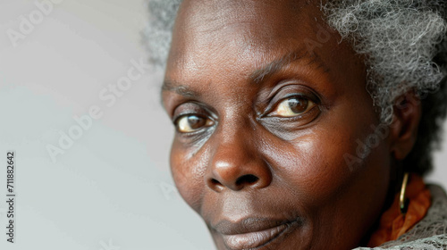 This close-up studio photo features a senior African American woman with grey hair, isolated on a white background, highlighting her elegance and character. photo