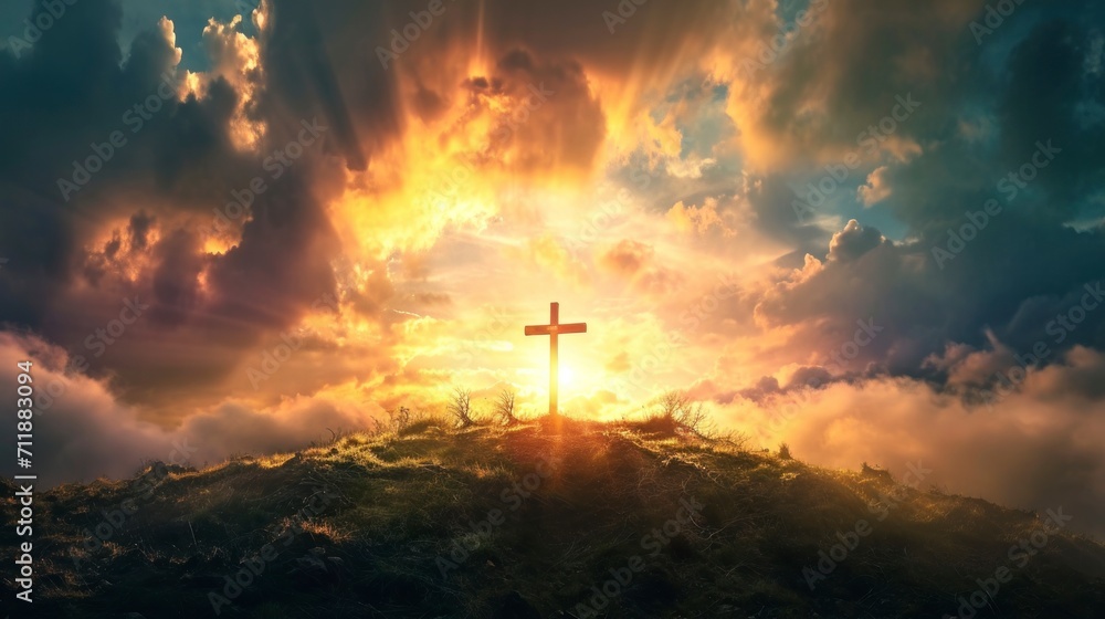 Obraz premium beautiful cross of christ on a green hill