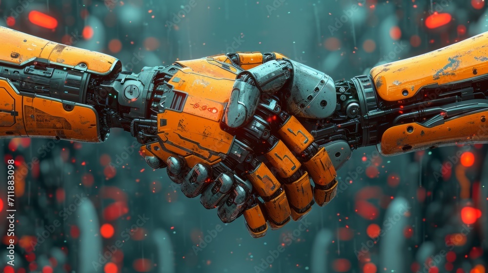 Two robots handshake before fighting. 