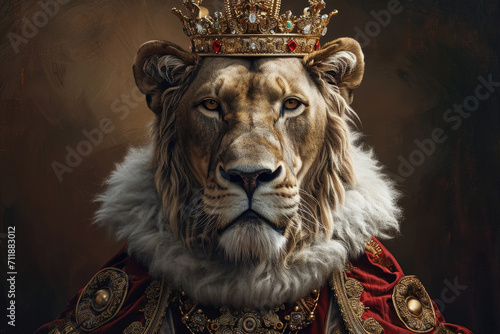 a lion with a crown on his head and in a royal cape