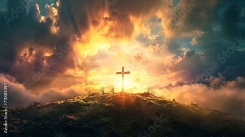 beautiful cross of christ on a green hill photo