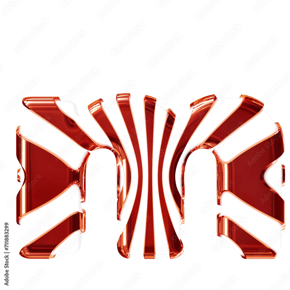 White symbol with red thin vertical straps. letter m White symbol with red thin vertical straps. letter m
