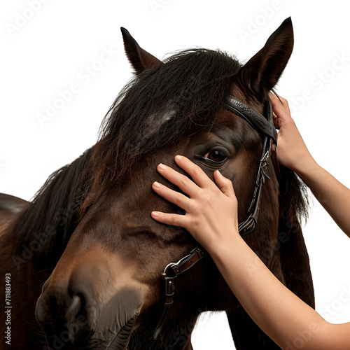 Close-up of hands gently grooming a horse isolated on white background, photo, png  © Никита Жуковец