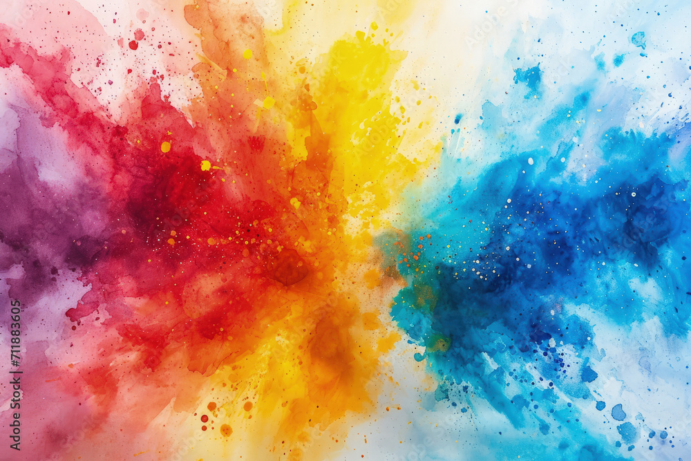 Splash of multicolored watercolor, swirl of color paint, abstract background. Pattern of bright explosion of colorful powder or liquid. Concept of spectrum, water, banner, holi,