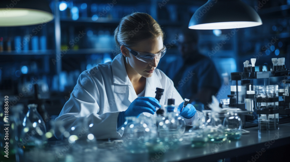 Medical worker, female scientist works in dark modern chemistry laboratory. Young woman chemist and chemical flasks in lab. Concept of test, biotechnology, research, science, people Medical worker, female scientist works in dark modern chemistry laboratory. Young woman chemist and chemical flasks in lab. Concept of test, biotechnology, research, science, people
