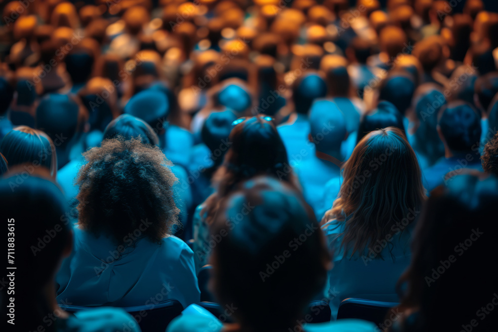 Obraz premium Rear view of unrecognizable people in audience at the conference hall. Generative AI