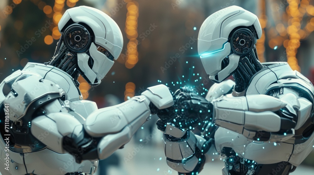 Two robots are fighting on blur background. Fighting robots AI Two robots are fighting on blur background. Fighting robots AI