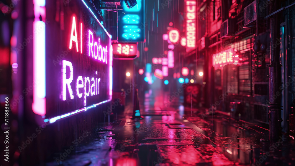 Cyberpunk city street at night, dark alley with neon store sign of AI Robot Repair. Gloomy grungy futuristic buildings in rain. Concept of dystopia, shop, industry and future Cyberpunk city street at night, dark alley with neon store sign of AI Robot Repair. Gloomy grungy futuristic buildings in rain. Concept of dystopia, shop, industry and future