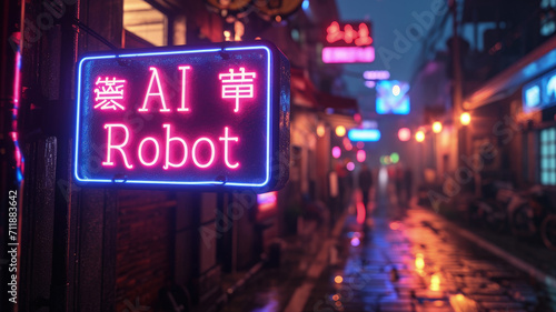 Neon store sign of AI Robot in cyberpunk city street at night, dark alley with futuristic shop. Gloomy grungy buildings with low light. Concept of dystopia, technology and future