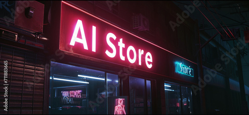 Neon sign of AI store in cyberpunk city street at night, dark alley with futuristic robot shop. Concept of dystopia, shop, technology, light, industry and future © scaliger