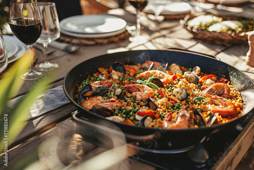 Traditional spanish seafood paella with rice  mussels  shrimps in a pan. Generative AI