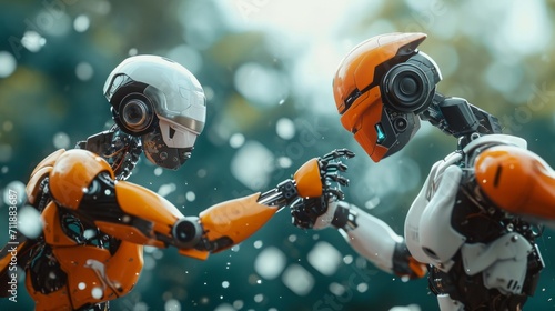 Two robots are fighting on blur background. Fighting robots AI