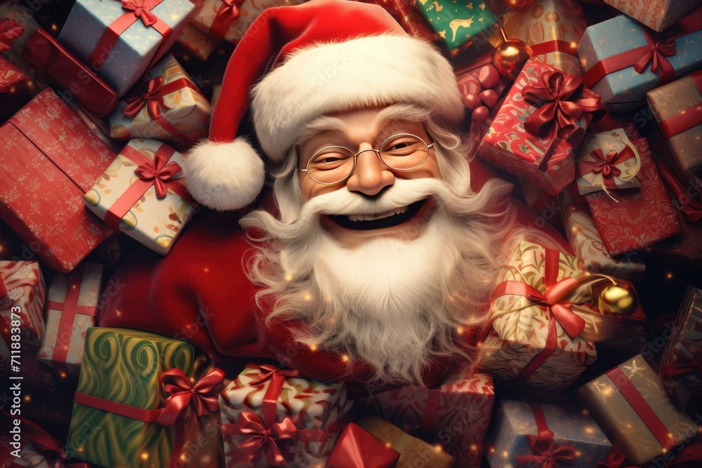 santa claus in his workshop opening christmas gifts