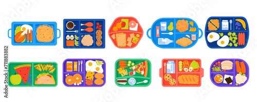 Lunchboxes set for school lunch and breakfast, picnic of kids. Top view of plastic trays and containers with packed fresh homemade food and drink, fruit and healthy snacks cartoon vector illustration