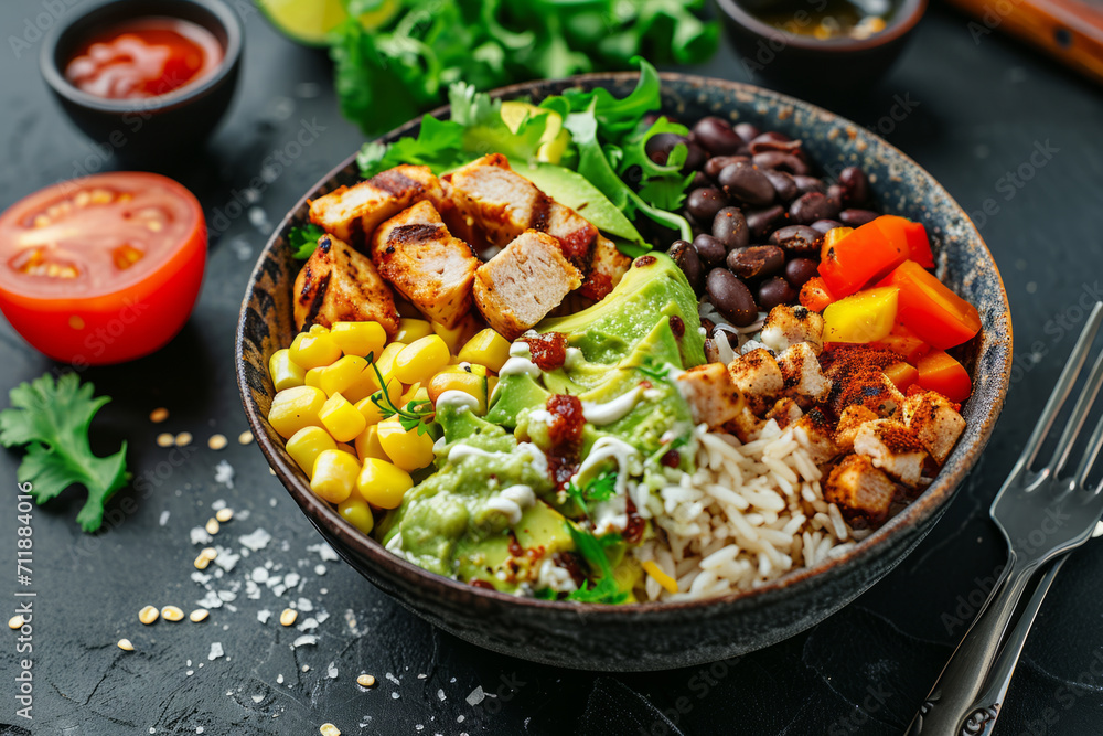 Mexican chicken burrito bowl with beans, tomato, avocado, corn and lettuce. Generative AI Mexican chicken burrito bowl with beans, tomato, avocado, corn and lettuce. Generative AI
