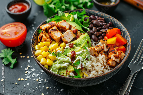 Mexican chicken burrito bowl with beans, tomato, avocado, corn and lettuce. Generative AI photo