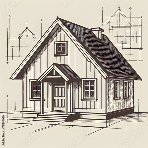Architectural drawing of a house with precise details and blueprint symbols, in sepia tones