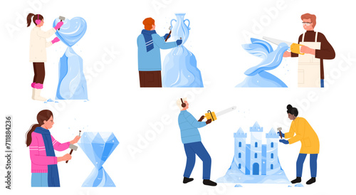 Making ice sculptures in winter set. Sculptors holding chisel and hammer, chainsaw to make figures of bird and heart, diamond and jug, building blue crystal fortress cartoon vector illustration photo