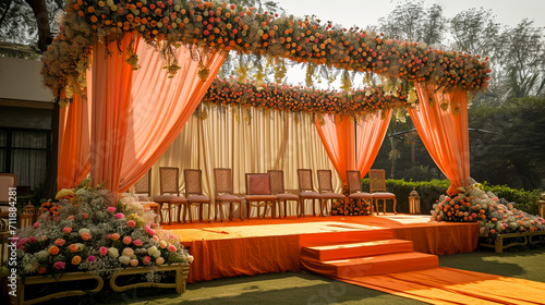 Wedding Ceremony Stage Decoration Background with Sofa and Flowers in Indian Pakistani Traditional Luxury Elegant Style
