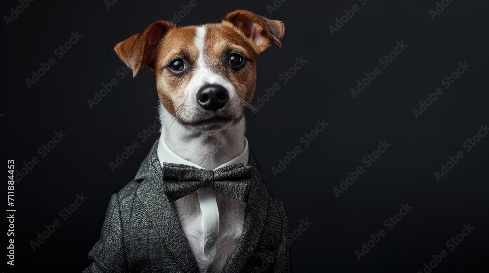 Dog dressed in an elegant suit with a stylish bow tie. Fashion portrait of an anthropomorphic canine, exuding confidence and charm with a human touch.