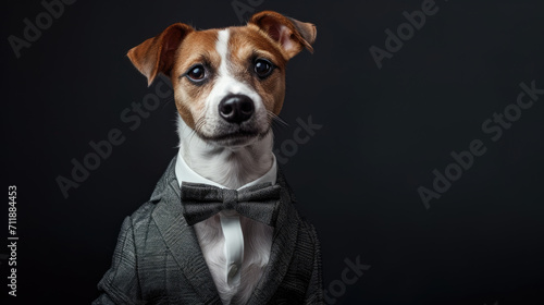 Dog dressed in an elegant suit with a stylish bow tie. Fashion portrait of an anthropomorphic canine, exuding confidence and charm with a human touch. © Mosaic Media