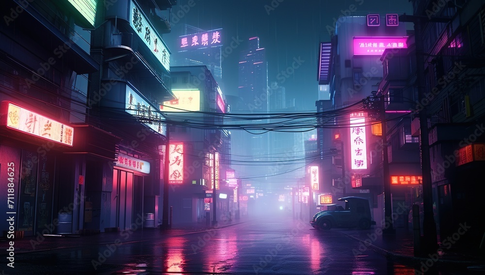 A retrofuturistic city street with neon lights and rain A retrofuturistic city street with neon lights and rain